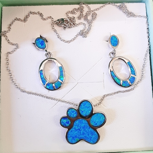 Opal Paw Necklace + Earrings Silver Set - Picture 2 of 12